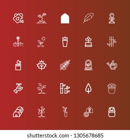 Editable 25 sprout icons for web and mobile. Set of sprout included icons line Plant, Greenhouse, Sprout, Leaf, Bamboo, Watering can on red