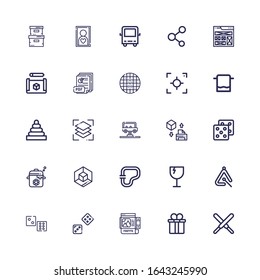 Editable 25 square icons for web and mobile. Set of square included icons line Chocolate, Gift box, Frame, Dice, Triangle, Fragile, Circuit, d cube, Pot, Bus on white background