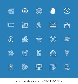 Editable 25 stack icons for web and mobile. Set of stack included icons line Invoice, Money, Coin, Coins, Bookshelf on blue background