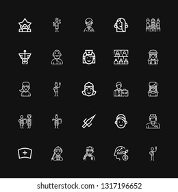 Editable 25 staff icons for web and mobile. Set of staff included icons line Nurse, Employee, Man, Girl, Sai, Doctor, Maid, Audience, Caduceus, Group, Staff on black background