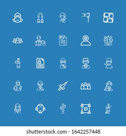 Editable 25 staff icons for web and mobile. Set of staff included icons line Maid, Group, Staff, Man, Girl, Sai, Doctor, Surgeon, CV, Servant, Teamwork, Employee on blue background