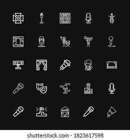 Editable 25 stage icons for web and mobile. Set of stage included icons line Spotlight, Microphone, Curtain, Podium, Theatre, Stage, Singer, Curtains, Acting on black background