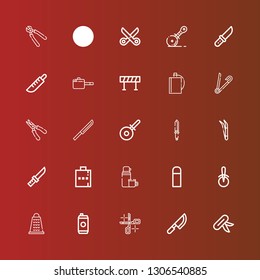 Editable 25 stainless icons for web and mobile. Set of stainless included icons line Knife, Scissors, Energy drink, Grater, Pizza cutter, Thermo, Hip flask, Tweezers, Plier on red