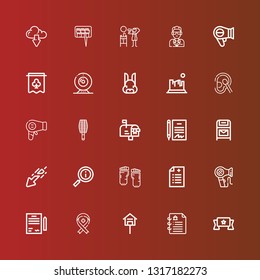 Editable 25 stamp icons for web and mobile. Set of stamp included icons line Banner, Contract, Mailbox, Ribbon, Hair dryer, Prescription, Barefoot, Information, Download on red