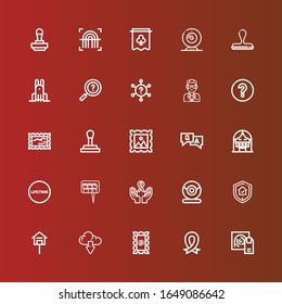 Editable 25 stamp icons for web and mobile. Set of stamp included icons line Fingerprint, Ribbon, Stamp, Download, Mailbox, Guarantee, Webcam, Question, Lifetime, Censor on red