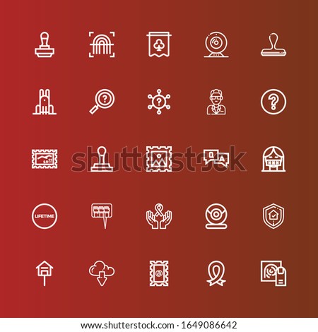 Editable 25 stamp icons for web and mobile. Set of stamp included icons line Fingerprint, Ribbon, Stamp, Download, Mailbox, Guarantee, Webcam, Question, Lifetime, Censor on red