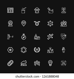 Editable 25 star icons for web and mobile. Set of star included icons line Glow, Light, Fireworks, Trophy, Hugh, Cowgirl, Win, Laurel, Star, Day, Discounts on black background