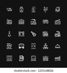 Editable 25 station icons for web and mobile. Set of station included icons line Radio, Police station, Train, Gasoline station, Metro, Bell, Antenna, Oil on black background