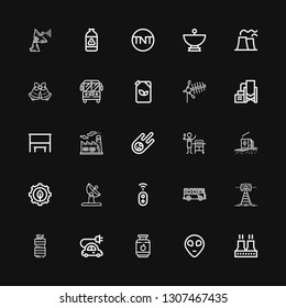 Editable 25 station icons for web and mobile. Set of station included icons line Factory, Alien, Gas, Electric car, Oil, Antenna, Bus, Controller, Green energy on black background