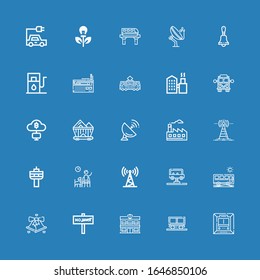Editable 25 station icons for web and mobile. Set of station included icons line Metro, Mine, Police station, War, Bell, Bus, Antenna, Waiting room, Radio, Factory on blue background