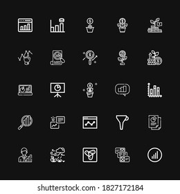 Editable 25 iconos estadísticos para web y móvil. Conjunto de estadísticas incluidas iconos línea Barras gráficos, Datos, cualquier lugar, Crecimiento, Analítica, Embudo, Estadísticas, Gráfico sobre fondo negro