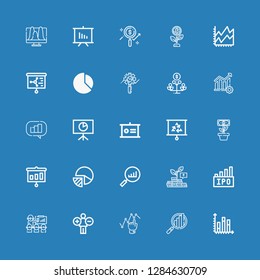 Editable 25 statistics icons for web and mobile. Set of statistics included icons line Chart, Analytics, Graph, Presentation, Ipo, Growth, Statistics, Pie chart on blue background