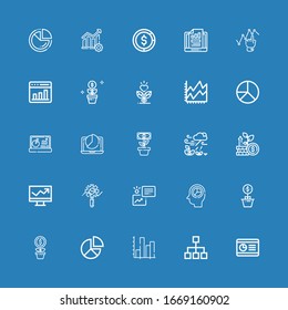 Editable 25 stats icons for web and mobile. Set of stats included icons line Graph, Diagram, Stats, Pie chart, Growth, Statistics, Line chart, Chart on blue background
