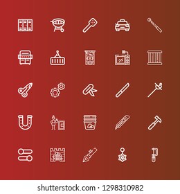 Editable 25 steel icons for web and mobile. Set of steel included icons line Saw, Belly piercing, Anchor, Gate, Settings, Hammer, Cutter, Container, Safety box, Horseshoe on red