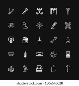 Editable 25 steel icons for web and mobile. Set of steel included icons line Hammer, Hip flask, Toaster, Pipe, Canned food, Setting, Anvil, Cutter, Grate, Magnet on black background