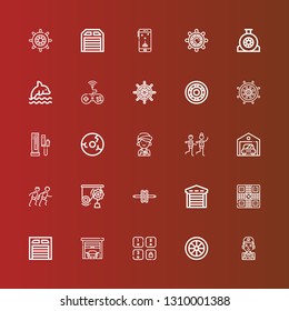 Editable 25 steering icons for web and mobile. Set of steering included icons line Mechanic, Wheel, Game, Garage, Mechanics, Race, Racing, Console, Rudder, Ship wheel, Dolphin on red