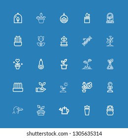 Editable 25 stem icons for web and mobile. Set of stem included icons line Plant, Watering can, Albatross, Sprout, Butternut squash, Dna, Tulip, Flower pot on blue background