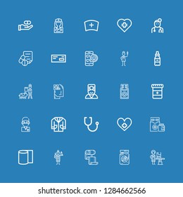 Editable 25 stethoscope icons for web and mobile. Set of stethoscope included icons line Veterinarian, Eye jar, Bandage, Bandages, Medicines, Hospital, Stethoscope on blue background