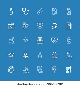 Editable 25 stethoscope icons for web and mobile. Set of stethoscope included icons line Medicine, Saline, Bandage, Veterinarian, Nurse, Checker, Doctor, Surgeon on blue background