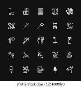 Editable 25 stick icons for web and mobile. Set of stick included icons line Slingshot, Skewer, Matches, Magic hat, Popsicle, Grandmother, Drum, Old man, Hiking on black background