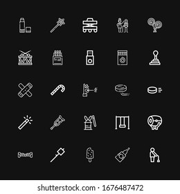 Editable 25 stick icons for web and mobile. Set of stick included icons line Old man, Glue, Popsicle, Marshmallow, Hoverboard, Drum, Swing, Magic hat, Crutch on black background