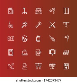 Editierbare 25 Stick Icons für Web und Mobile. Set mit Stick inklusive Icons Linie Matches, Drum, Crutches, Old man, Escalator, Parade, Selfie Stick, Swing, Match, Sai, Broom on red