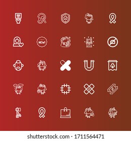 Editable 25 sticker icons for web and mobile. Set of sticker included icons line Unicorn, Shopping, Ribbon, Tomahawk, Coupon, Plaster, Patch, Banner, Horseshoe, Punk, No camera on red