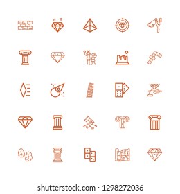 Editable 25 stone icons for web and mobile. Set of stone included icons line Diamond, Cliff, Domino, Column, Runes, Riches, Pisa, Asteroid, Dominoes, Rock on white background