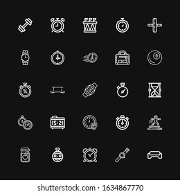 Editable 25 stopwatch icons for web and mobile. Set of stopwatch included icons line Gym, Watch, Clock, Stopclock, Nutrition, Sport, Time, Alarm clock, Stopwatch on black background