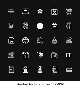 Bearbeitbare 25 Store-Icons für Web und Mobile. Set mit den Symbolen inklusive Reihe, Online-Shop, Gewicht, Beutel, Ticketfenster, Paket, Einkaufstasche, Einkaufswagen auf schwarzem Hintergrund