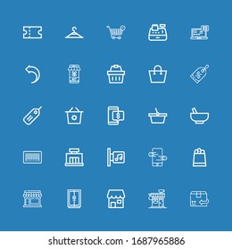 Editable 25 store icons for web and mobile. Set of store included icons line Cardboard, Coffee shop, Shop, Wardrobe, Store, Paper bag, Online Music on blue background