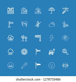 Editable 25 storm icons for web and mobile. Set of storm included icons line Flash, Shocked, Windsock, Blower, Disaster, Electric, Rain, Wind sign, Wind, Storm on blue background