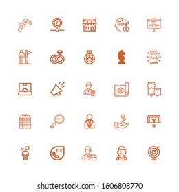 Editable 25 strategy icons for web and mobile. Set of strategy included icons line Darts, Checker, Businessman, , Goal, Penalty, Startup, Search engine, Office on white background