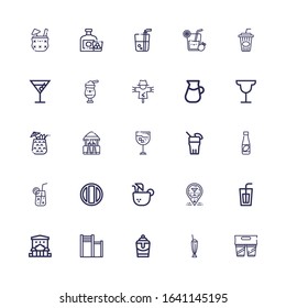 Editable 25 straw icons for web and mobile. Set of straw included icons line Drink, Milkshake, Bar, Soda, Coconut drink, Cocktail, Juice, Lemonade, Scarecrow on white background