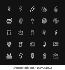 Editable 25 strawberry icons for web and mobile. Set of strawberry included icons line Fruit, Chocolate bar, Ice cream, Jam, Strawberry, Kiwi, Ice cream cone on black background