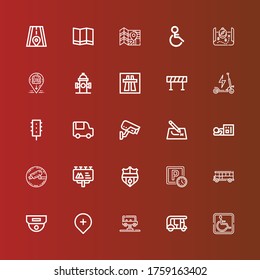 Editable 25 Street Icons For Web And Mobile. Set Of Street Included Icons Line Parking, Tuk Tuk, Bus, Gps, Cctv, Nantes, Billboard, Homeless, Route, Food Truck, Traffic Light On Red