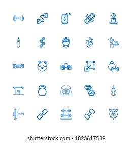 Bearbeitbare 25 Festigkeitssymbole für Web und Mobile. KräfteSet enthält die Symbole der Linie Wolf, Dumbell, Link, Punchball, Chains, Abs, Kettlebell, Weißabheben auf weißem Hintergrund