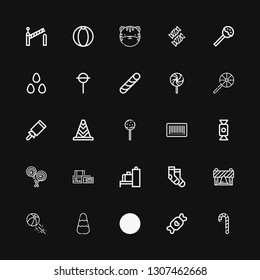 Editable 25 striped icons for web and mobile. Set of striped included icons line Candy cane, Candy, Scanner, Beach ball, Barrier, Socks, Scan, Lollipop, Barcode on black background