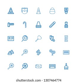 Editable 25 striped icons for web and mobile. Set of striped included icons line Candy, Barcode, Lollipop, Candy corn, Socks, Mastercard, Prisioner, Stick candy on white background