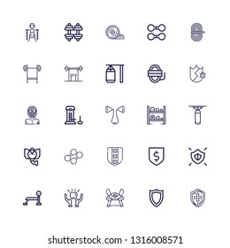 Editable 25 strong icons for web and mobile. Set of strong included icons line Shield, Samurai, Protection, Bench press, Dumbbell, Elephant, Punching bag, Chest expander on white background