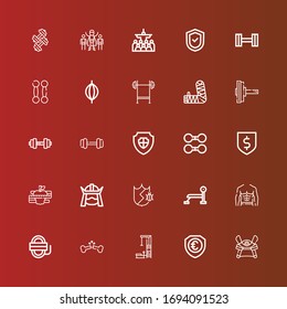 Editable 25 strong icons for web and mobile. Set of strong included icons line Samurai, Shield, Gym station, Broken bone, Rope, Abs, Bench press, Protection, Diet, Dumbbell on red