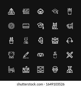 Editable 25 student icons for web and mobile. Set of student included icons line Graduation, Student, School, Teacher, Pencil, Pencil case, Diploma, Lesson on black background