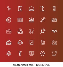 Editable 25 study icons for web and mobile. Set of study included icons line Teacher, Boy, Online education, Test tube, Presentation, Kindergarten, Lesson, Audiobook, School on red