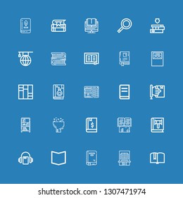 Editable 25 studying icons for web and mobile. Set of studying included icons line Book, Audiobook, Learning, Bookcase, Booking, Books, Workbook, Magnifying glass on blue background