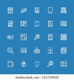 Editable 25 studying icons for web and mobile. Set of studying included icons line Learning, Magnifying glass, Read, Book, Books, Bookcase, Bookshelf, Glass on blue background