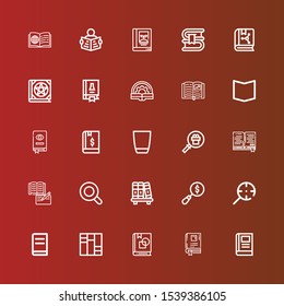 Editable 25 studying icons for web and mobile. Set of studying included icons line Book, Art book, Books, Magnifying glass, Bookshelf, Glass, Science book, Read on red