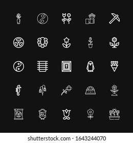 Editable 25 stylized icons for web and mobile. Set of stylized included icons line Flowers, Flower, Parrot, Radiation, Plate, Seahorse, Penguin, Bible, Plates on black background