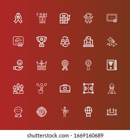 Editable 25 success icons for web and mobile. Set of success included icons line Red carpet, Prize, Manager, Target, Soccer player, Success, Reflect, Carrier, Choice, Winning on red