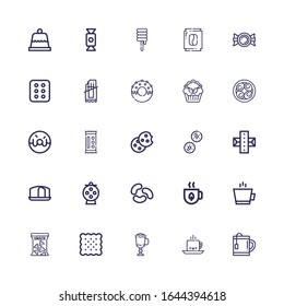 Editable 25 sugar icons for web and mobile. Set of sugar included icons line Tea, Coffee, Cappuccino, Biscuit, Snack, Jelly beans, Candy, Sponge cake, Gum on white background