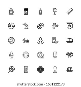 Editable 25 sugar icons for web and mobile. Set of sugar included icons line Jelly, Coffee, Candy, Lollipop, Pretzel, Popsicle, Donut, Frozen yogurt, Sponge cake on white background